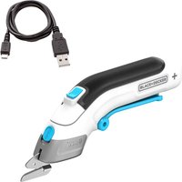 Black and Decker cordless scissors, white and black with blue accents, includes USB charging cable.