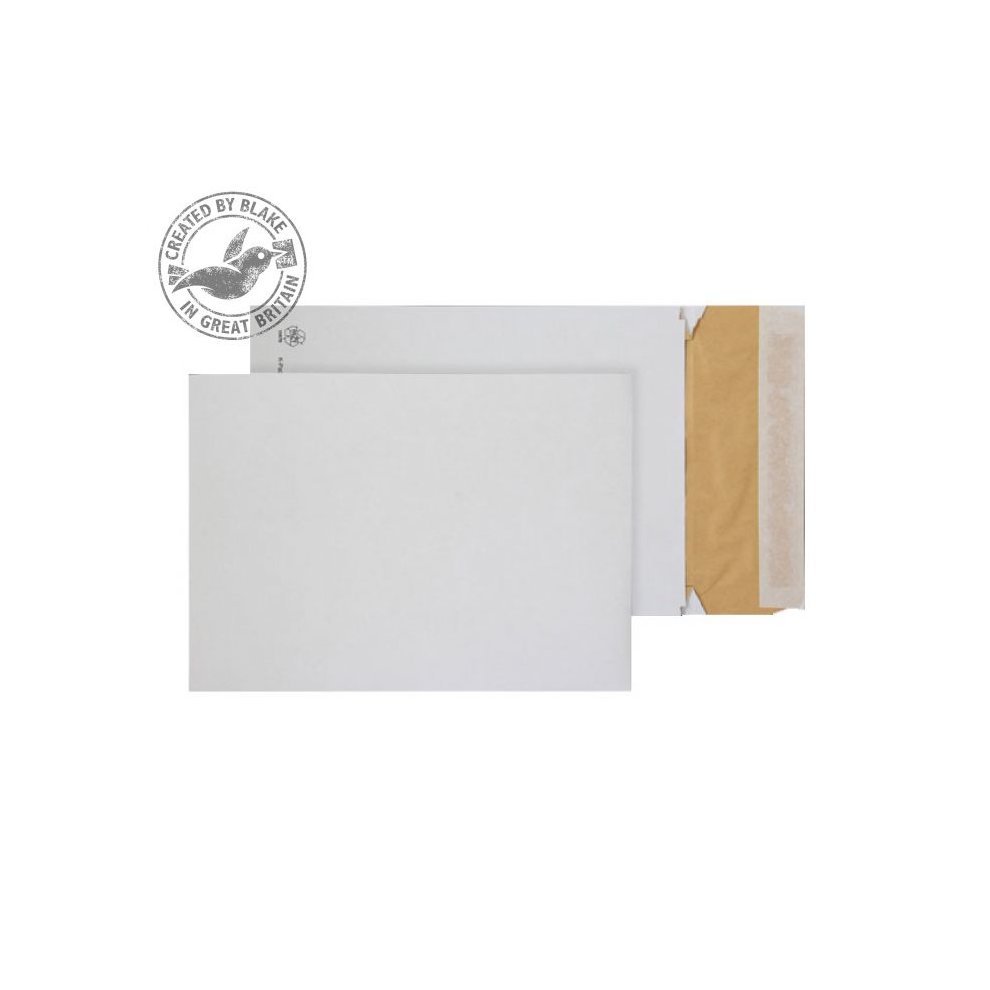 White eco-friendly cushioned envelopes with a peel-and-seal closure, featuring a gusset design, measuring 400x280x50mm, packaged in a set of 100.