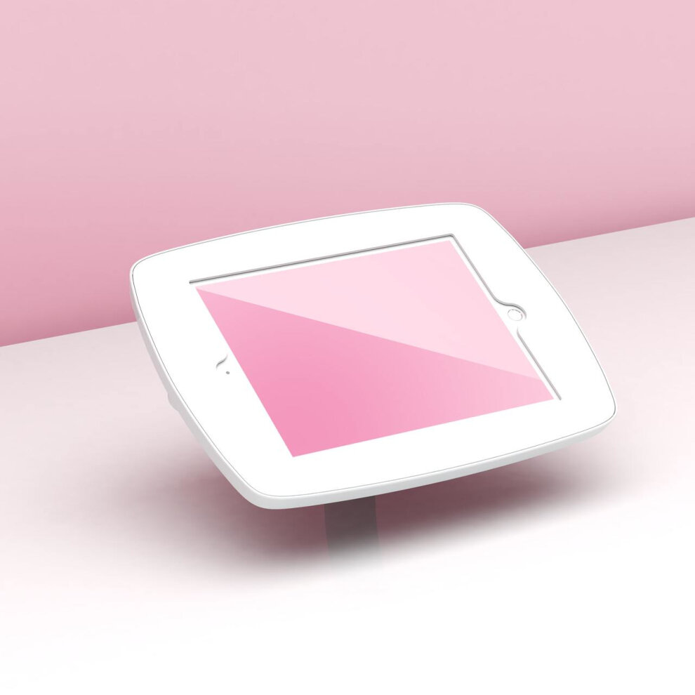 White Bouncepad Desk stand designed for Apple iPad Air 2nd Gen 9.7 (2014), featuring a sleek, rounded design with a covered front and a minimalistic aesthetic against a pink background.