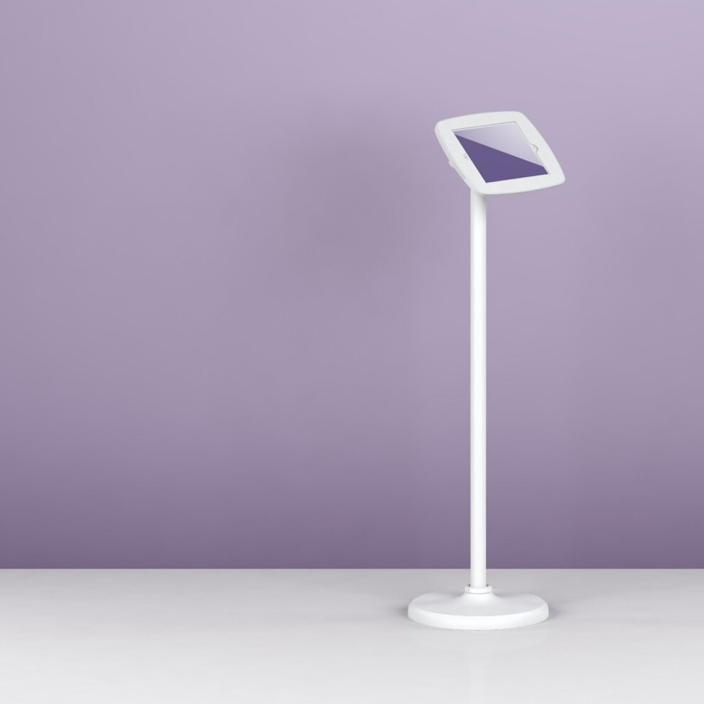 White floorstanding kiosk for Apple iPad Pro 1st Gen 9.7, featuring a sleek design with a rectangular tablet holder and a sturdy round base, set against a soft purple background.