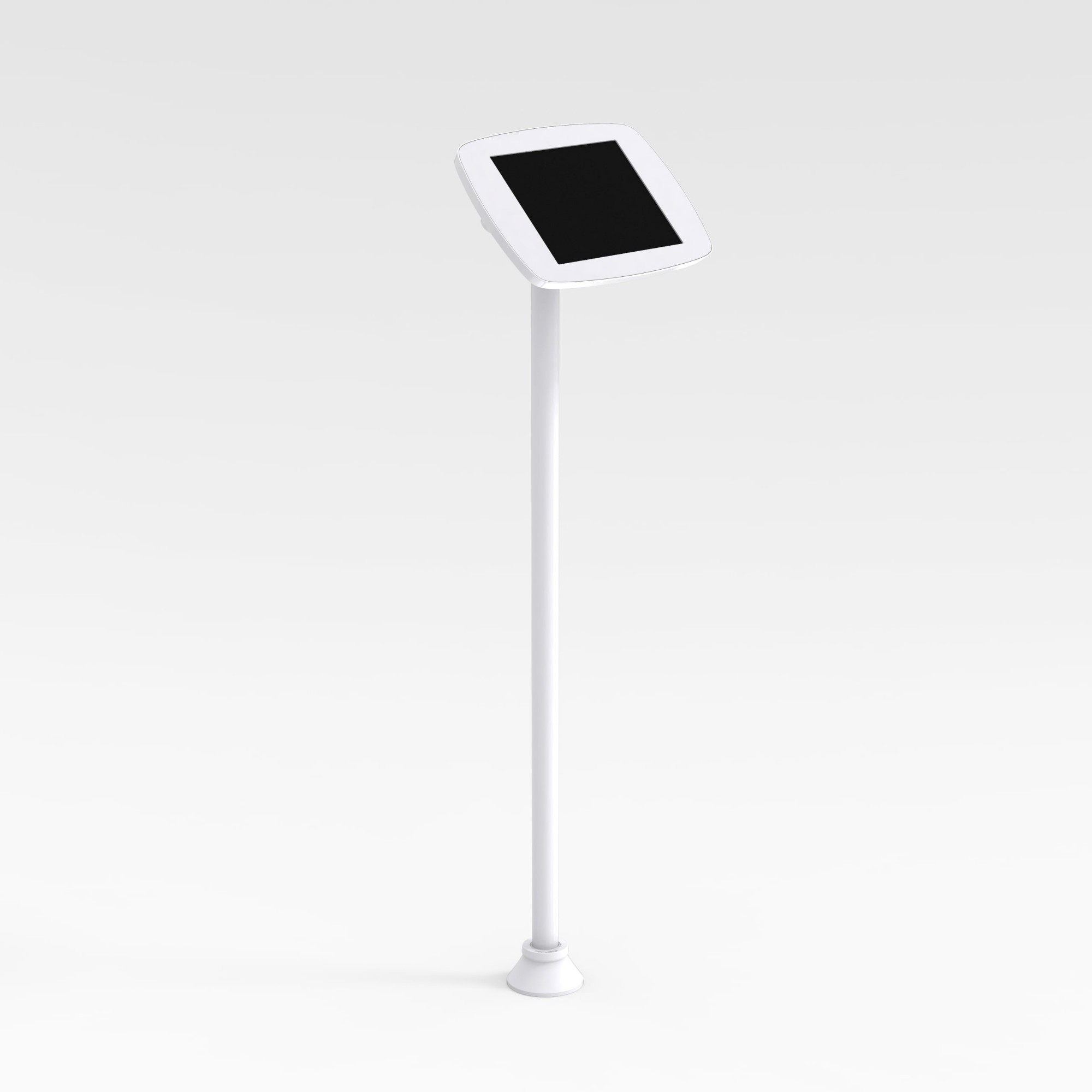White floorstanding kiosk designed for Apple iPad 8th Gen 10.2 (2020), featuring a sleek, slim profile and a secure tablet holder on a sturdy pole.