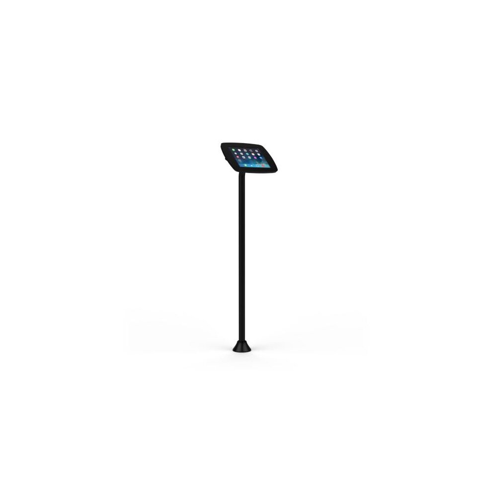 Black floorstanding kiosk designed for Microsoft Surface Go 10.0, featuring a slim profile and a secure tablet holder with a sturdy base for stability.