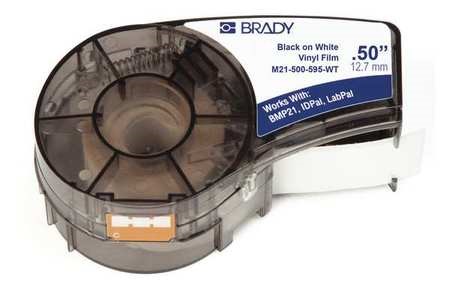 White all-weather vinyl label cartridge for Brady M210 and M211, featuring a transparent casing and a label width of 0.5 inches, designed for durability and versatility.