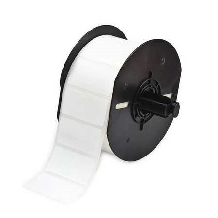 White label roll by Brady, featuring 1500 labels per roll, mounted on a black plastic spool with a smooth finish and a single label partially unrolled.
