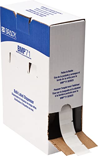 White vinyl wraparound label rolls in a bulk dispenser box by Brady, featuring a clean design and easy access for label dispensing.