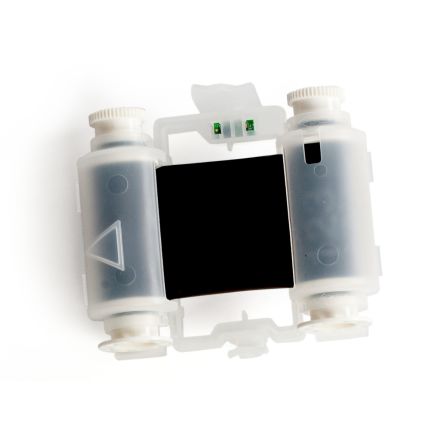 Black single-color printer ribbon, 150 ft long, housed in a transparent plastic casing with two spools and green indicator lights.
