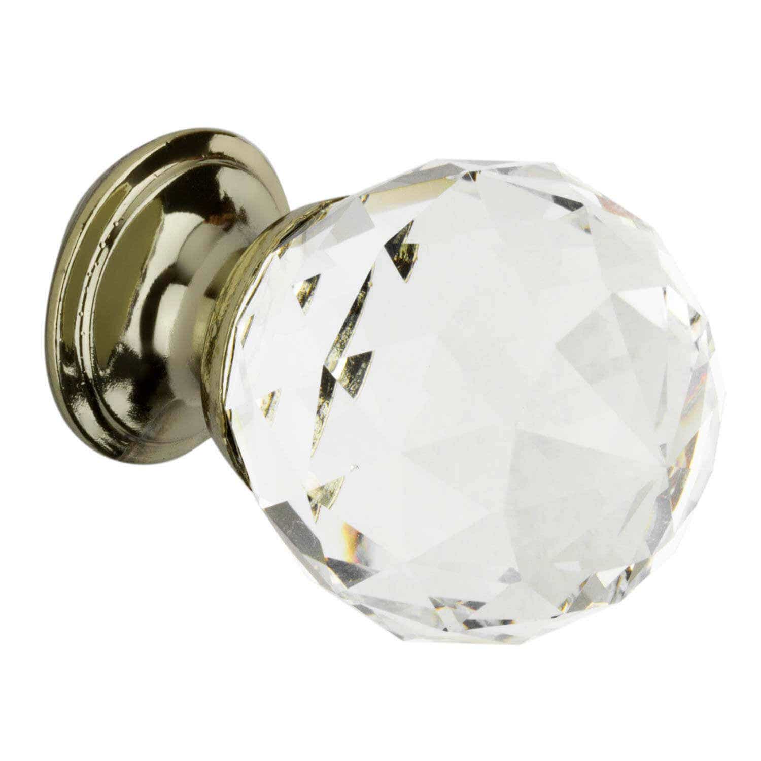 Brass-based cabinet knob with a faceted clear glass design, featuring a shiny gold finish, sold in a pack of five by Elite Knobs & Handles.