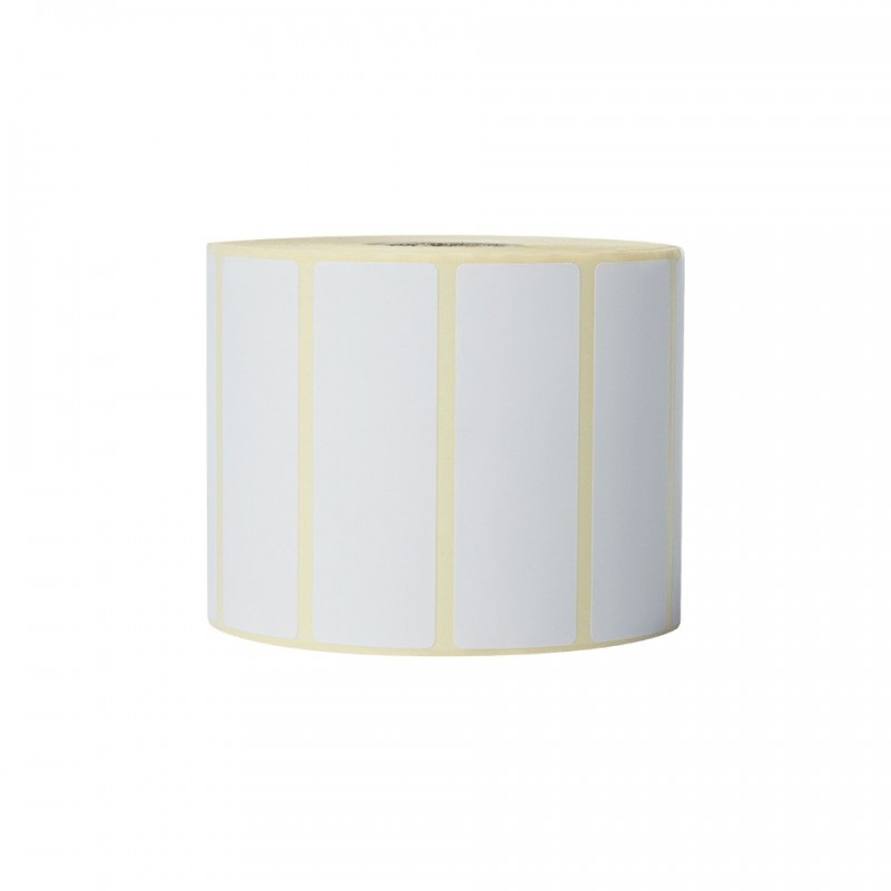 White adhesive labels on a roll, measuring 76mm x 26mm, with a total of 1900 pieces, featuring a smooth surface and a yellow backing.
