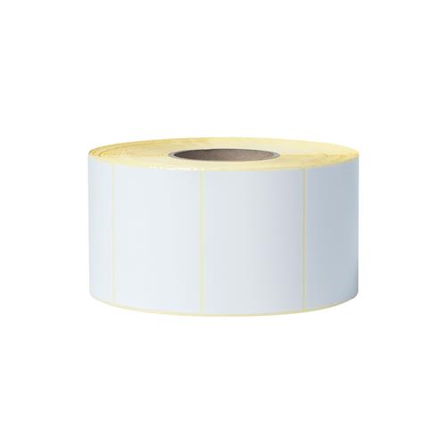White adhesive labels on a roll, measuring 102mm x 74mm, designed for Brother printers, featuring a smooth surface and a yellow backing for easy peeling.
