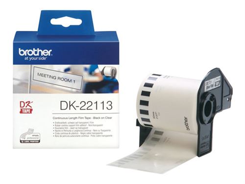 Clear continuous film tape roll in a black and white dispenser, featuring a blue and white box labeled "Brother DK-22113" with a sample label reading "MEETING ROOM 1."