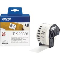 Brother DK-22225 white label roll, 38mm x 30.48m, with black text, in black plastic holder, next to branded box.