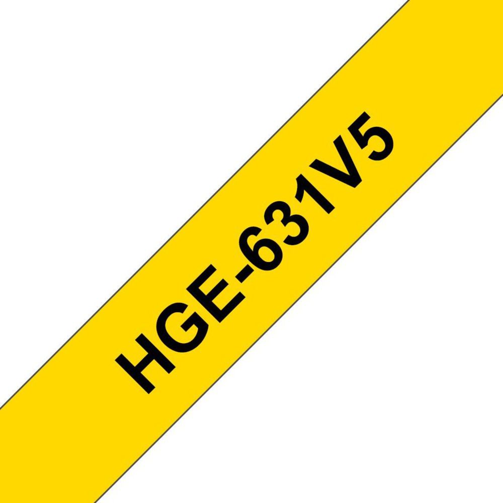 High-grade black on yellow tape, 12mm wide and 8m long, labeled "HGE-631V5," packaged in a 5 pack by Brother.