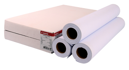 Three rolls of Canon 3x Standard paper, 80g/m², 610mm width, with a white finish, stacked beside a flat box featuring the Canon logo and product details.