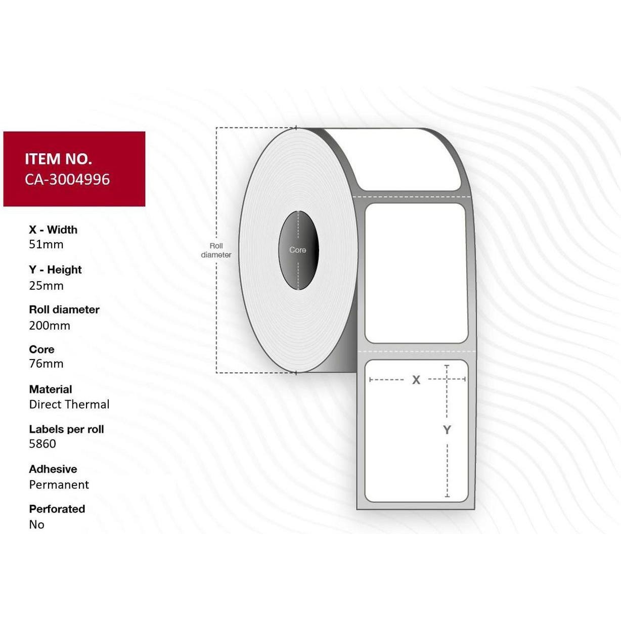 White printer label roll with a 51mm width, 200mm height, and 76mm core, featuring a permanent adhesive and perforated design for easy dispensing.