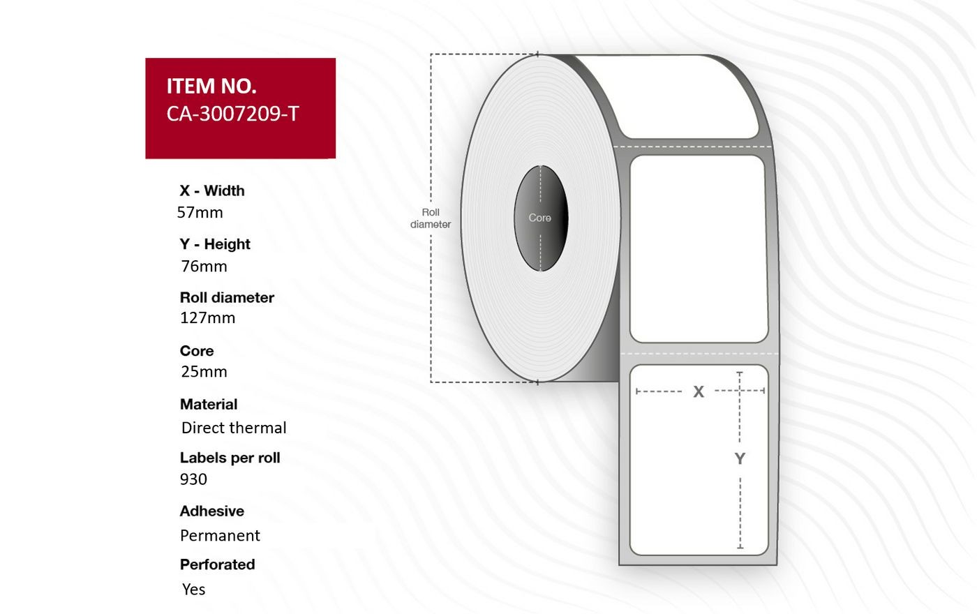 White thermal printer label roll with dimensions 57mm x 76mm, 127mm diameter, 25mm core, featuring perforated labels and permanent adhesive.