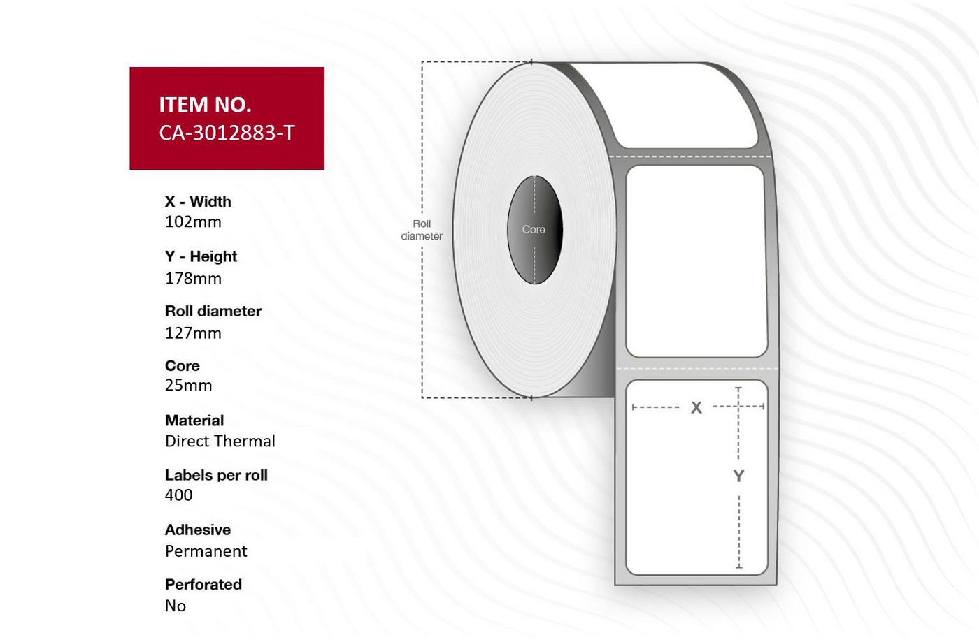 White thermal printer label roll with dimensions 102mm width and 178mm height, featuring a core diameter of 25mm and 400 perforated labels per roll.