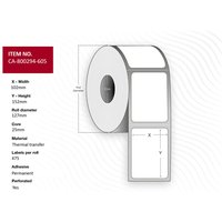 White Capture CA-800294-605 printer label roll with rectangular labels, thermal transfer material, and perforated edges.