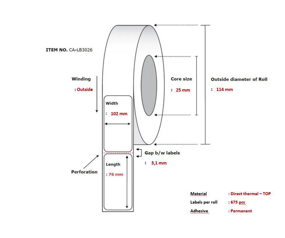 White label roll with a width of 102 mm, core size of 25 mm, and outer diameter of 114 mm, featuring direct thermal material and permanent adhesive.