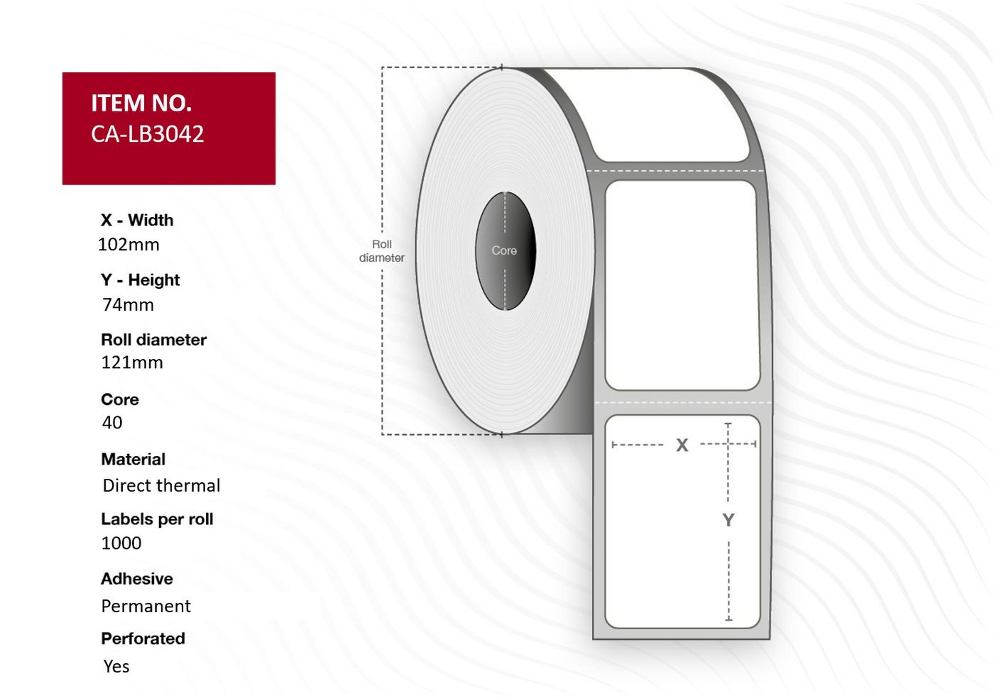 White thermal printer label roll with 1000 perforated labels, measuring 102mm wide and 74mm high, featuring a core diameter of 121mm.