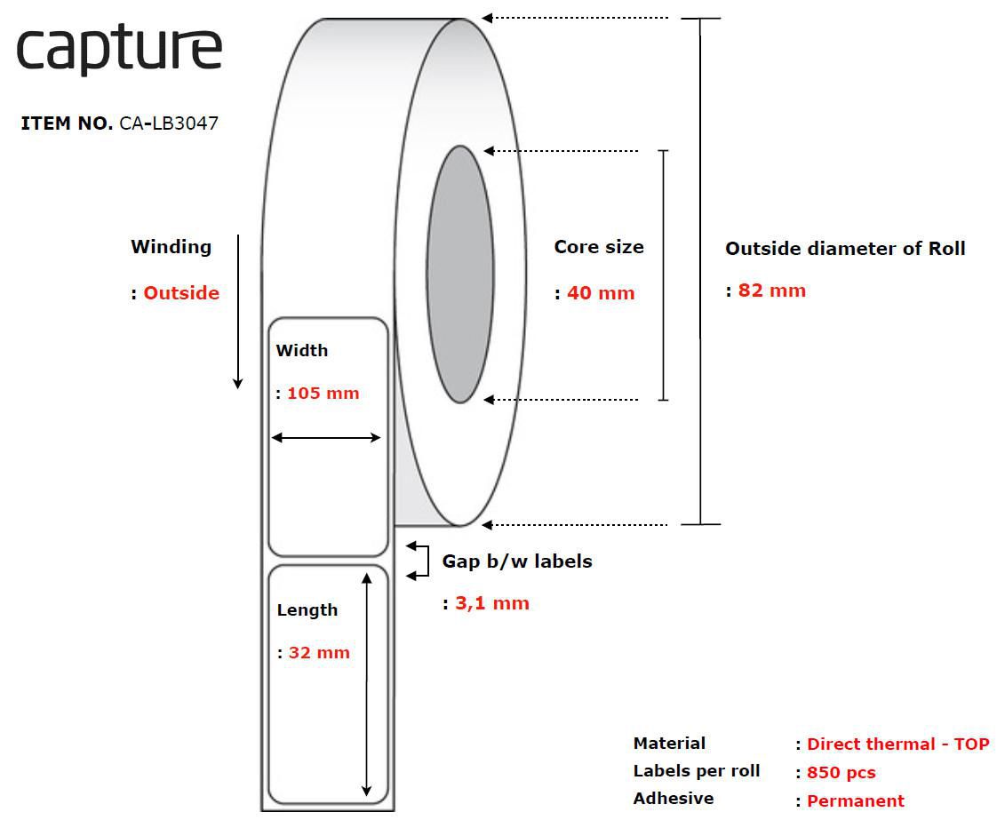 White printer label roll by CAPTURE, model CA-LB3047, featuring a width of 105 mm, length of 32 mm, and 850 labels per roll with permanent adhesive.