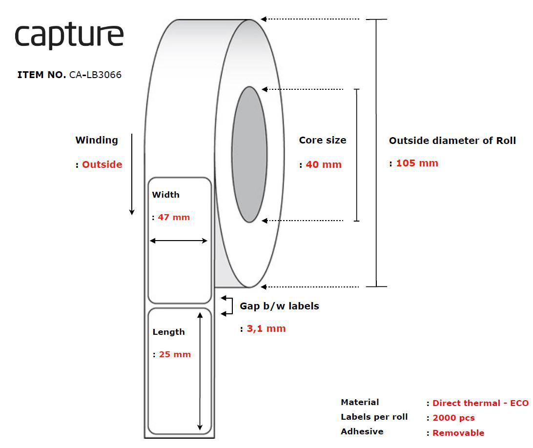 White printer label roll by CAPTURE, featuring a 40 mm core size, 105 mm outer diameter, 47 mm width, and 25 mm label length, with removable adhesive and direct thermal material.