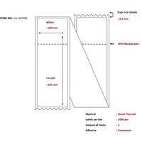 White Capture CA-LB7001 printer label with red text, dimensions marked, and zigzag edges.