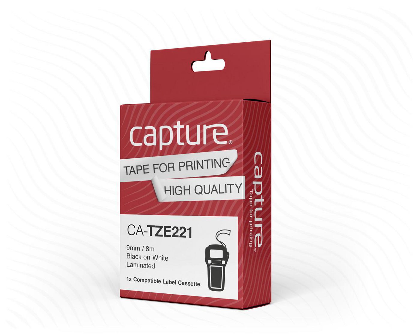 Black and white laminated label-making tape in a red and white box, featuring "Capture" branding and product details, measuring 9mm by 8m, labeled CA-TZE221.