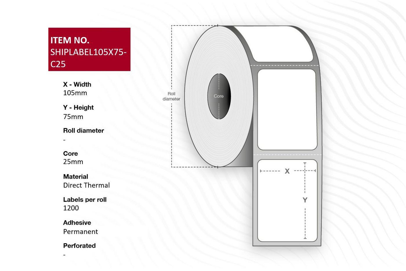 White thermal printer label roll with dimensions 105mm x 75mm, featuring a core diameter of 25mm, permanent adhesive, and 1200 labels per roll.
