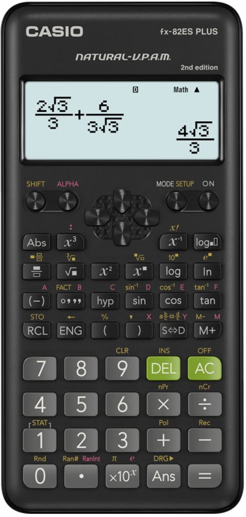 Black Casio FX-82ES PLUS-2 pocket scientific calculator featuring a dual-line display, color-coded keys, and various mathematical functions.