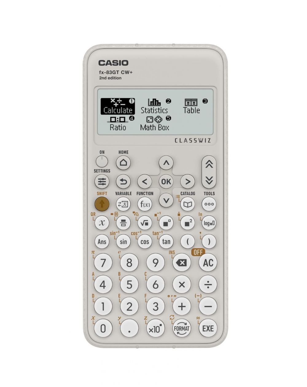 Grey battery-powered Casio FX-83GTCWPLUSGYW calculator featuring a large display, numerous function keys, and a sleek, matte finish.