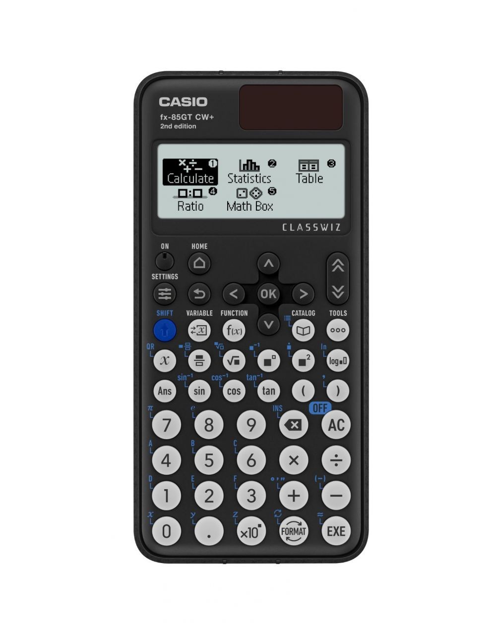 Black Casio FX-85GTCWPLUS-W calculator featuring a dual power source, a clear display, and numerous function keys, including statistical and mathematical functions.