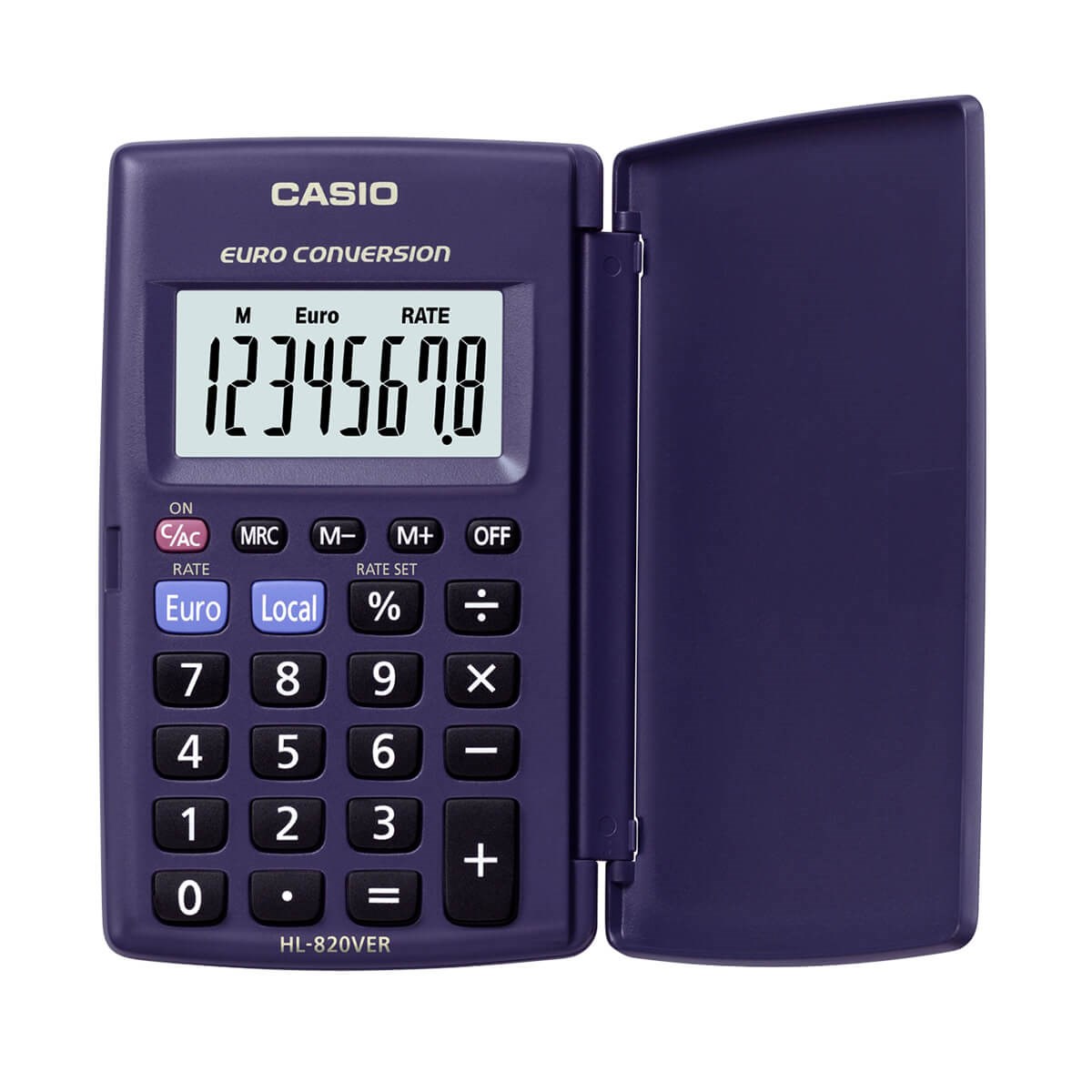 Blue Casio HL-820VER pocket calculator featuring an 8-digit display, Euro conversion function, and a foldable design with a numeric keypad and function buttons.