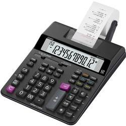 Casio HR-200RCE calculator in black with a large display, featuring a paper printer, numeric keypad, and purple function keys for easy calculations.