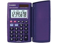 Purple Casio HS-8VER handheld calculator with a flip cover, featuring a large LCD display and a numeric keypad with function keys.