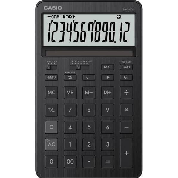 Black Casio JW-200DQ medium desk calculator featuring a large LCD display, numeric keypad, tax calculation keys, and a sleek, matte finish.