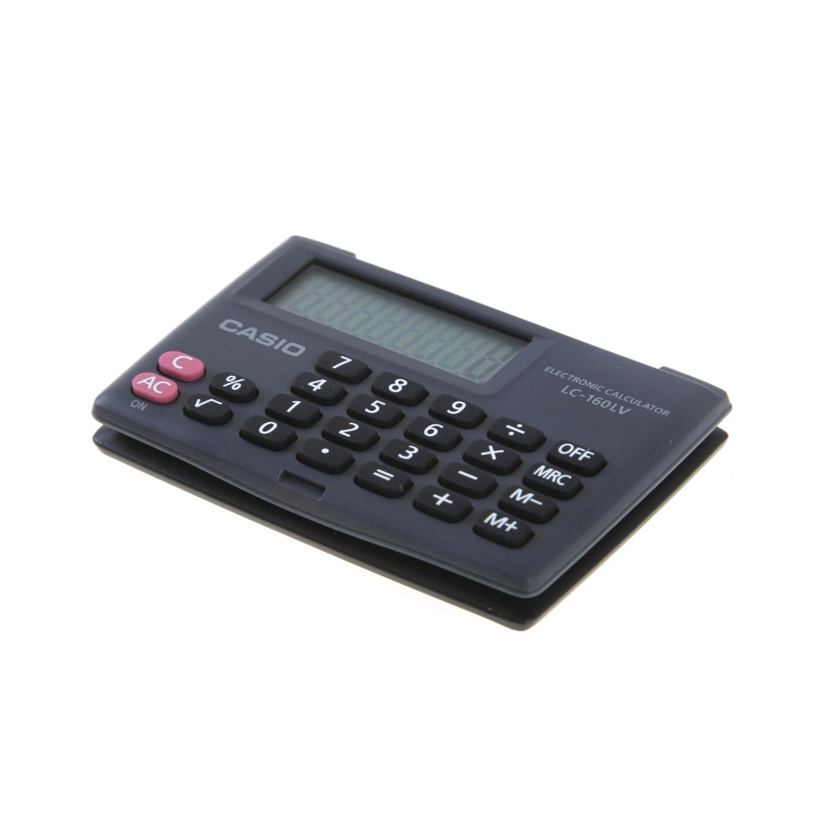 Black handheld Casio LC-160LV calculator with a clear digital display, featuring a numeric keypad, function keys, and a compact design for easy portability.
