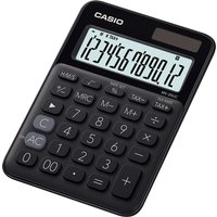 Black Casio MS-20UC-BK desktop calculator with large LCD display and solar panel, featuring basic function buttons.