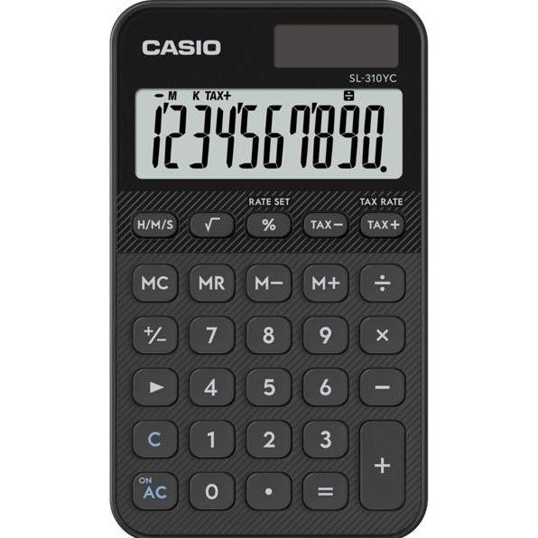 Black Casio SL-310YC handheld calculator featuring a large LCD display, numeric keypad, and tax calculation buttons, with a textured surface for grip.