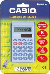 Light blue handheld Casio SL-460 calculator with a plastic body, featuring an 8-digit display, numeric keypad, and labeled keys, packaged in a green and blue card.