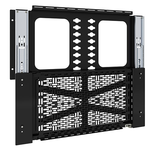 Black metal proximity component storage slide-lock panel with adjustable mounting brackets and ventilation holes, designed for secure and organized component storage.