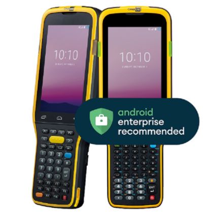 CipherLab Snp-on US Client device featuring a yellow and black design, dual screens, a numeric keypad, and Android Enterprise recommended badge.