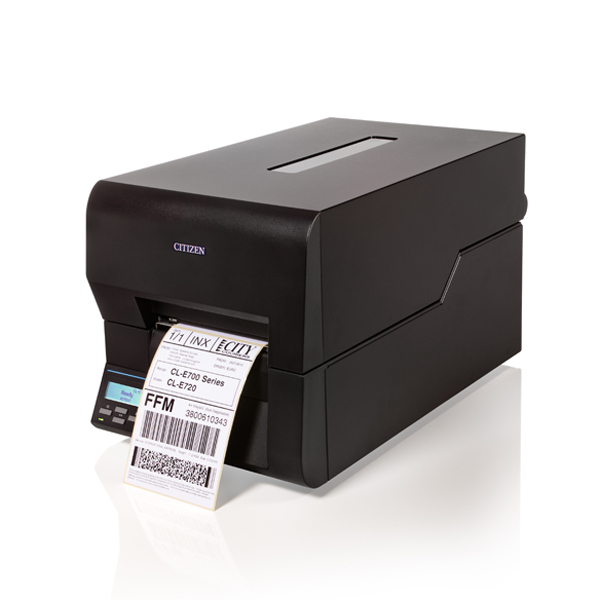 Black Citizen CL-E720 label printer with a sleek design, featuring a front-loading mechanism, LCD display, and a label emerging from the output slot.