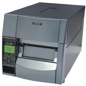 Citizen CL-S700 label printer in gray, featuring a front-loading design, control panel with buttons, and a display screen, suitable for direct thermal and thermal transfer printing.