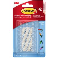 Clear Command decorating clips with 24 adhesive strips in red and clear packaging, featuring hanging lights.