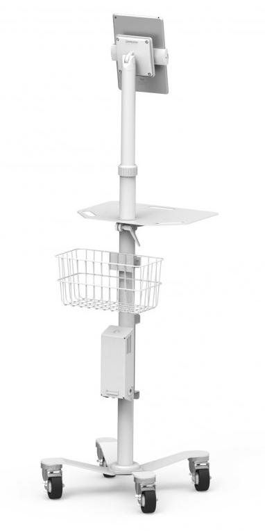 Universal tablet rolling kiosk in white, featuring a sturdy metal frame, adjustable height, a flat surface for devices, a wire basket for storage, and four caster wheels for mobility.