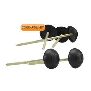 Black corrugated bitumen fixings with a round head and a long, threaded metal shaft, packaged in a set of 100 by Clear Amber.