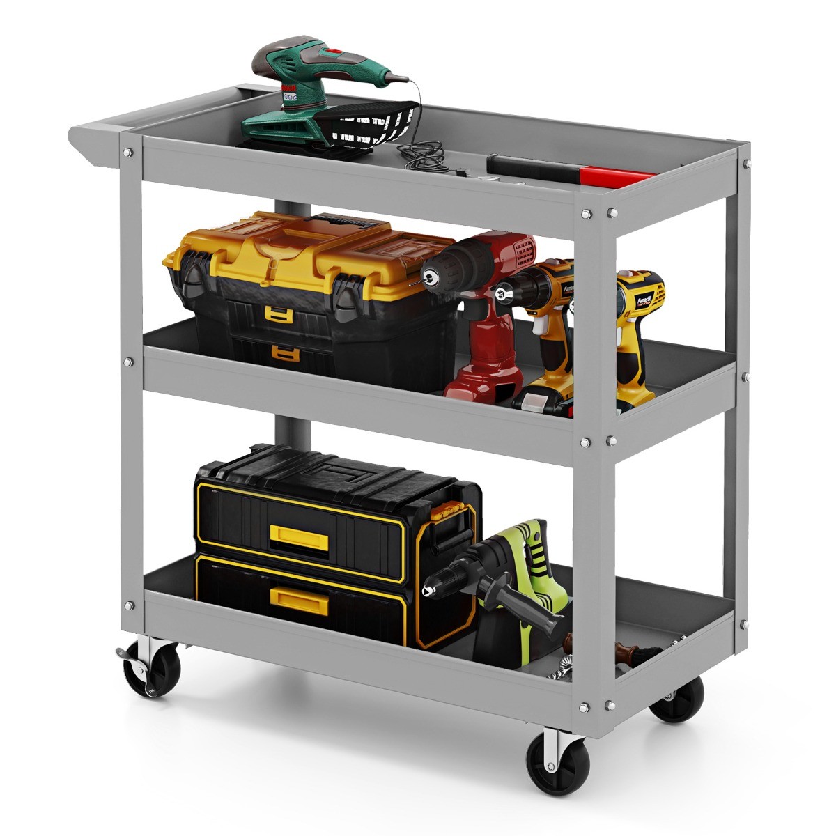 3-tier grey tool trolley with a handle, lockable wheels, and sturdy metal construction, featuring various tools and storage boxes on each shelf.