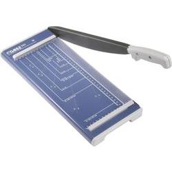 Dahle 502 guillotine paper trimmer features a blue cutting base with measurement markings, a sharp black blade, and a white ergonomic handle for easy cutting.