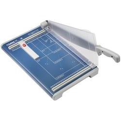 Dahle 560 Trimmer Guillotine in blue and grey, featuring a clear safety guard, a lever handle, and a cutting capacity of 20 sheets of 80 g paper, designed for A4 size.