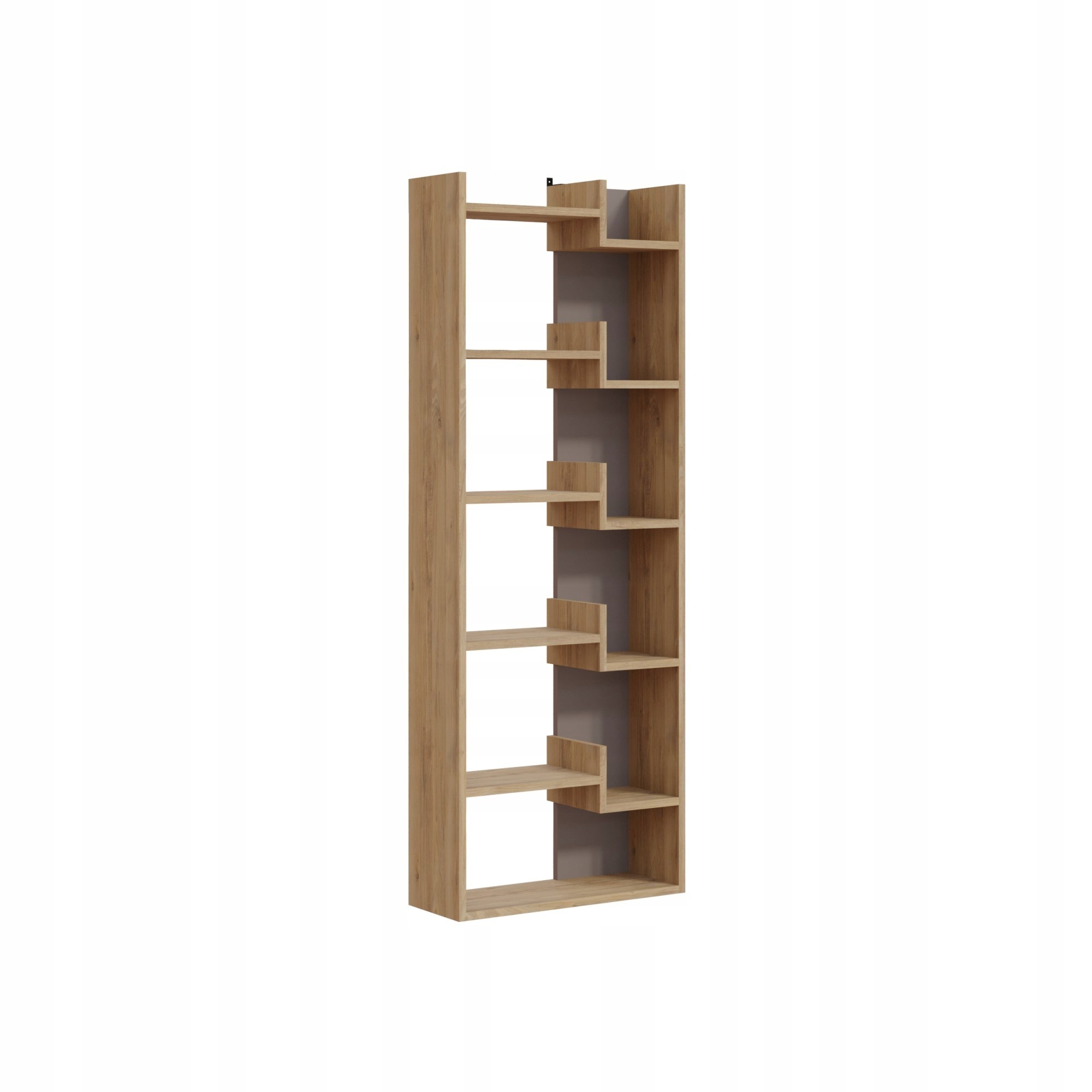 Wall-mounted bookcase unit in mocha grey and oak particleboard, featuring eight asymmetrical shelves for displaying books and decor, measuring 69x162.4 cm.